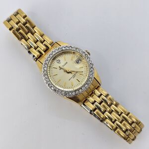 Waltham Women's Watch 25MM Gold Dial Bracelet Diamond Bezel Date 6.5" NewBattery